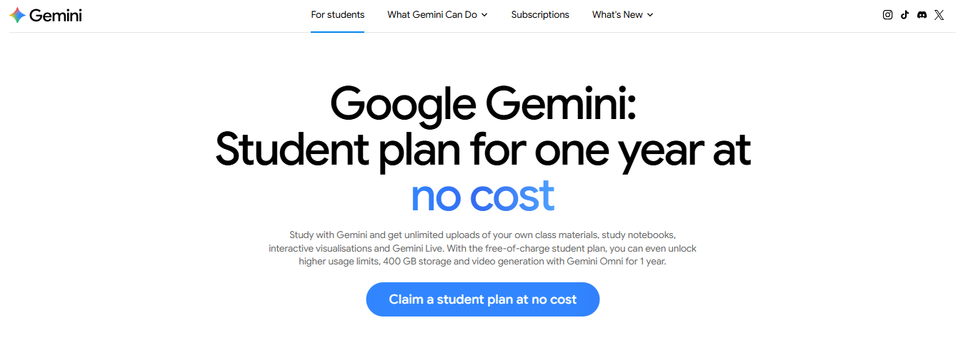 Google Gemini student plan one year free - official page