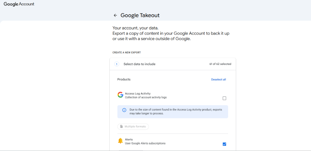 Google Takeout Product Selection Interface