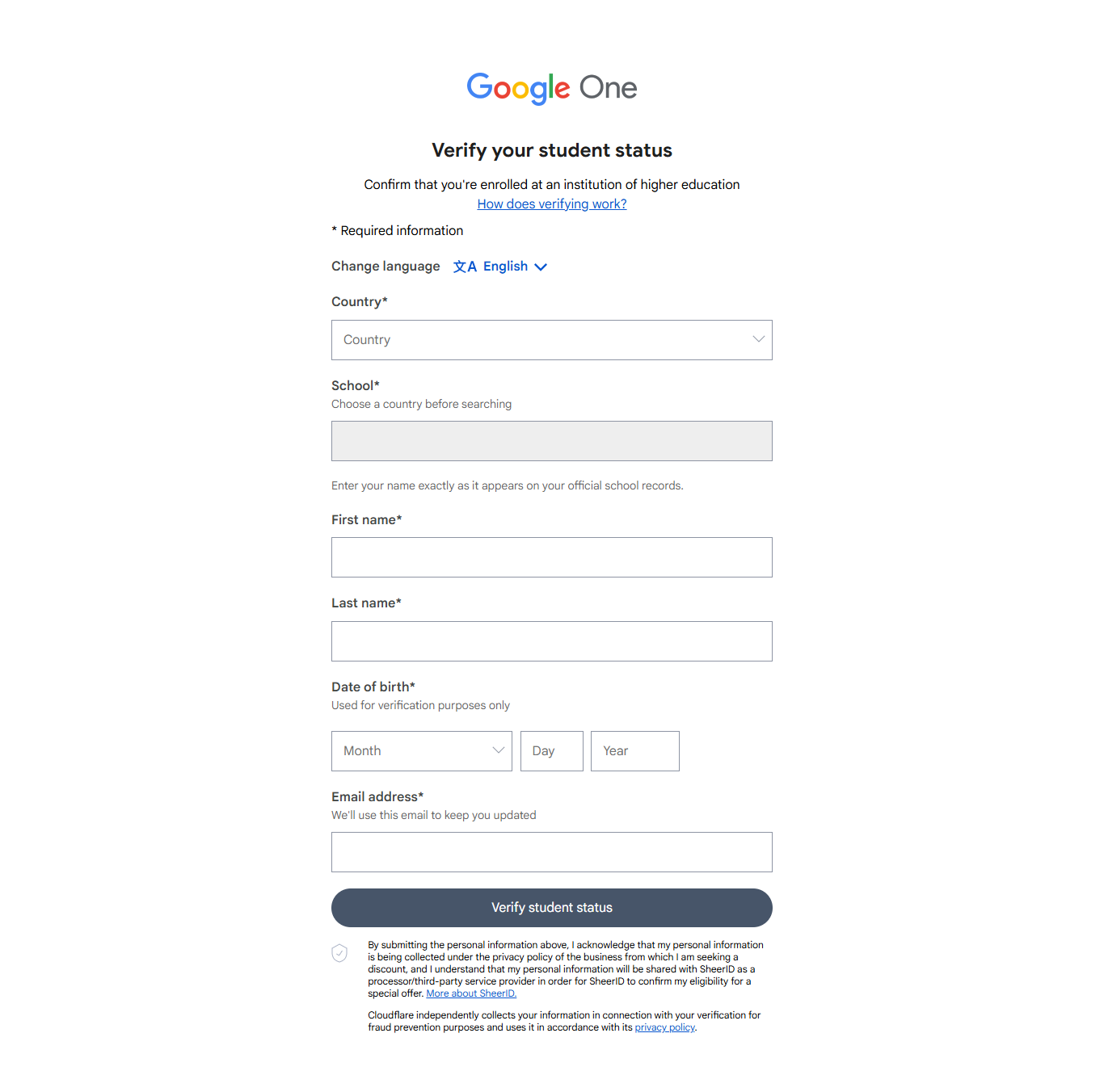 SheerID Google One student verification form